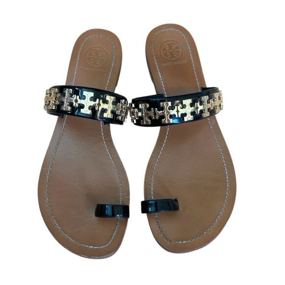 Tory Burch Val Black Patent Leather and Gold Sandals, Size 6 - Picture 2 of 9